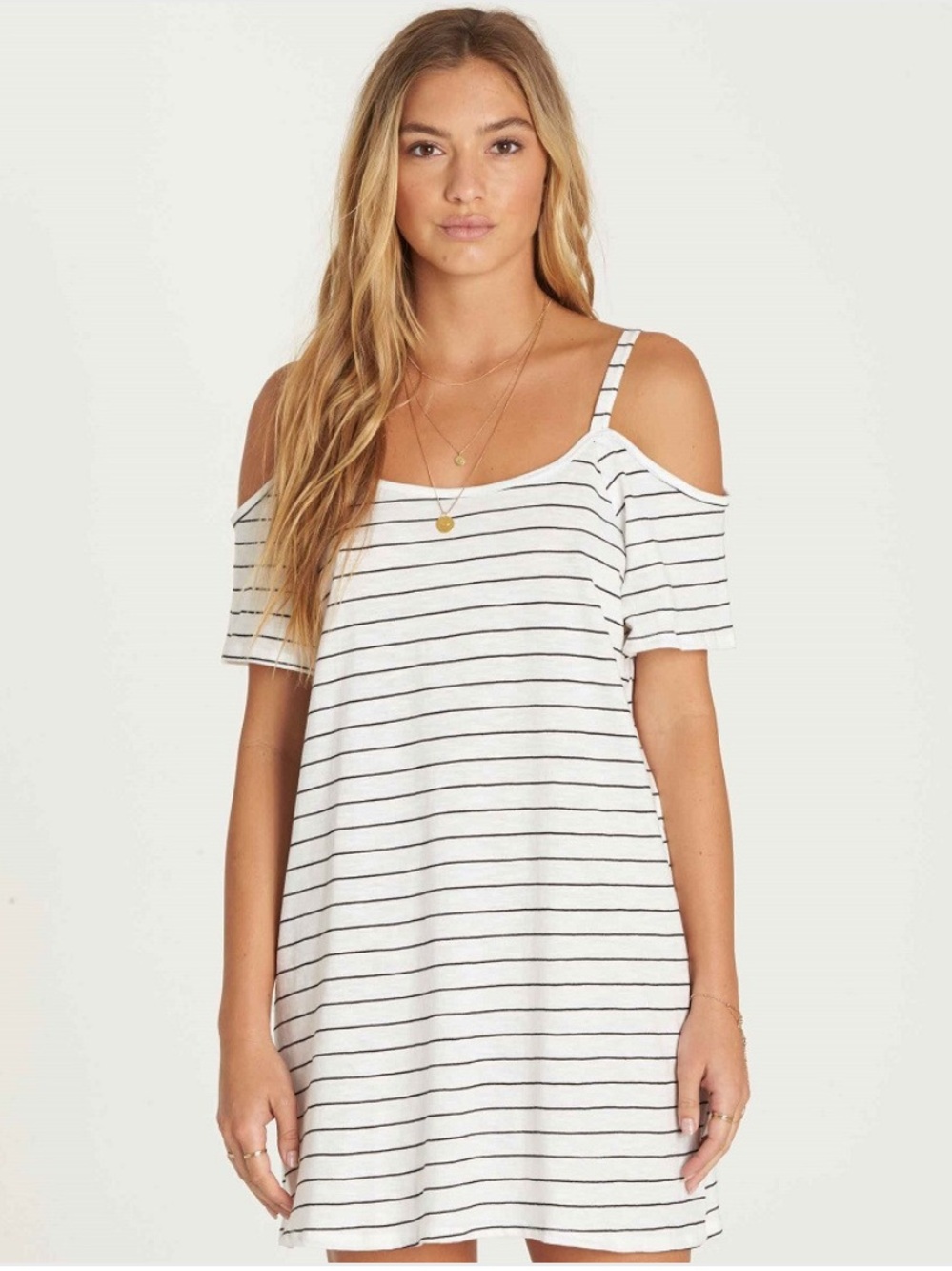 Billabong Off-White Striped Cold-Shoulder Mini Dress